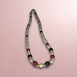 Vintage Faux Pearl Necklace W/ Red & Black Beads Gold Accents Classic Jewelry Ha